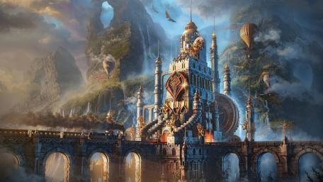 Fantasy Castle with hot air balloons wallpaper