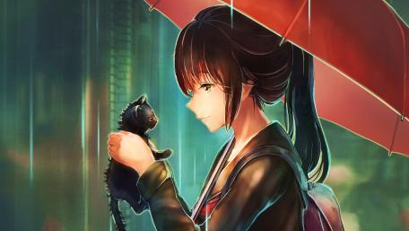 Rainy Day Companionship with Anime Girl and Kitten wallpaper
