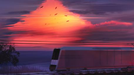 Sunset Journey on Rails in Fantasy Realm wallpaper