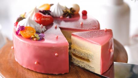 Delightful Pink Cake with Fruits and Creamy Layers wallpaper