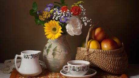 Charming Teatime Still Life Scene with Fresh Fruits wallpaper