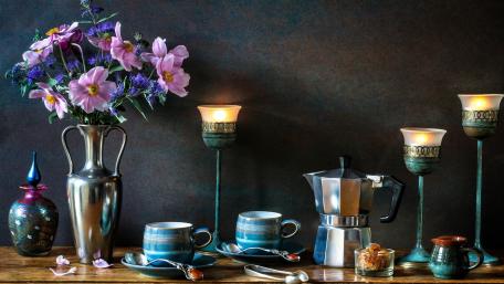 Elegant Coffee and Floral Still Life wallpaper