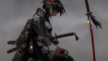 Samurai Warrior Maiden in Tranquil Repose wallpaper