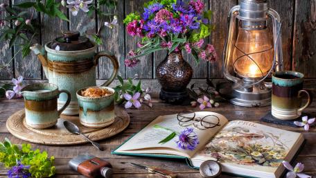 Tea Time Serenity on Wooden Tabletop wallpaper