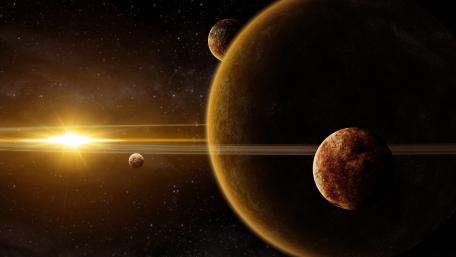 Ringed planet with moons wallpaper