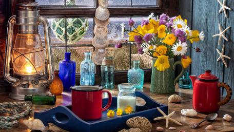 Charming Coastal Tea Time Scene wallpaper
