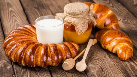 Delicious Breakfast with Honey and Croissants wallpaper