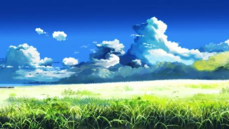 Serene Anime Meadow Under Blue Skies wallpaper