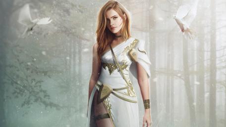 Mystical Forest Encounter with Ethereal Maiden wallpaper