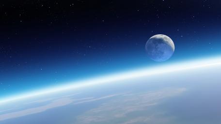 Ethereal Horizon: Moon Rising in Space's Tranquility wallpaper