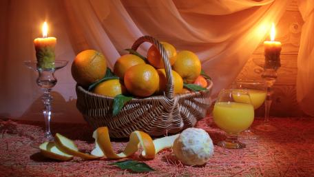 Vibrant Still Life with Oranges and Candles wallpaper