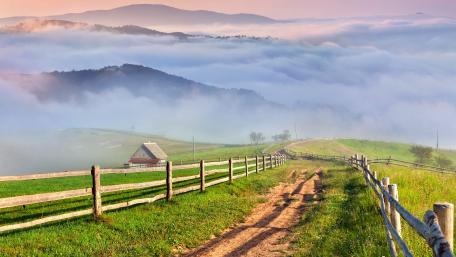 Serene Misty Countryside Landscape Wallpaper wallpaper