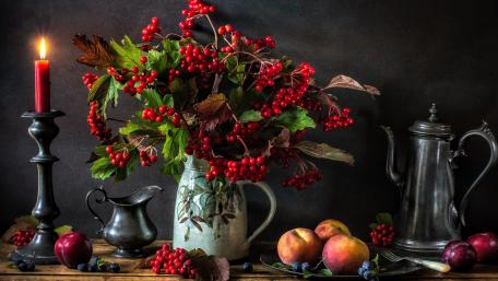 Autumn Still Life with Fruits and Candlelight wallpaper