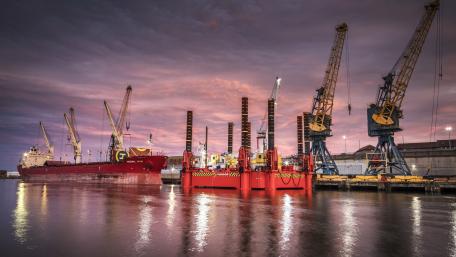 Industrial Dock at Sunset in 4K Resolution wallpaper