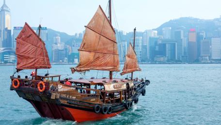 Sailing Ship Amidst Urban Skyline Fantasy wallpaper