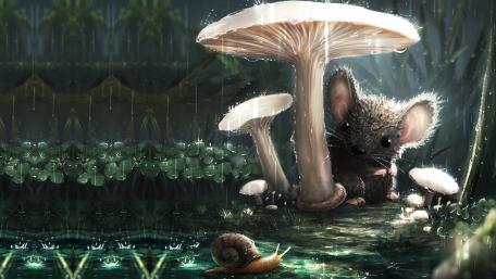 Magical Rainy Hideaway with Mouse and Snail wallpaper