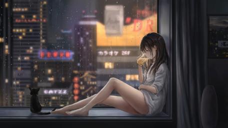 Anime girl with a cup of tea wallpaper