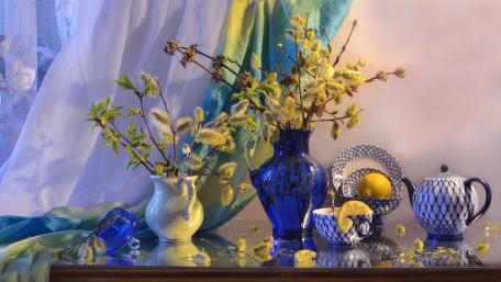 Refreshing Spring Lemons and Tea Set Still Life Wallpaper wallpaper