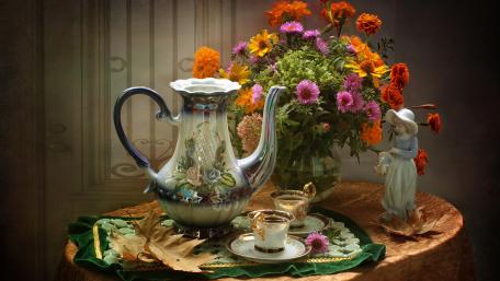 Classic Coffee Set with Floral Elegance wallpaper