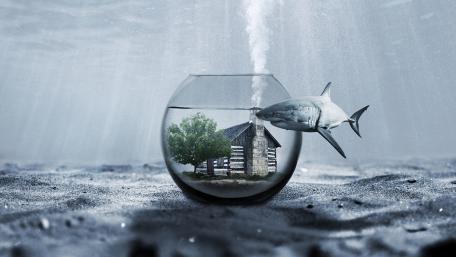 Surreal Underwater Dreamland with Shark and Cabin wallpaper