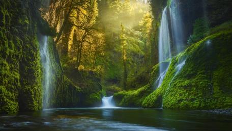 Serene Mossy Waterfall in Lush Forest Light wallpaper