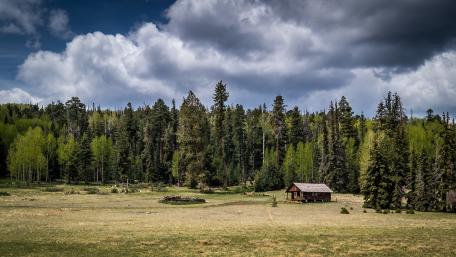 Serene Cottage Surrounded by Lush Forests and Majestic Skies wallpaper
