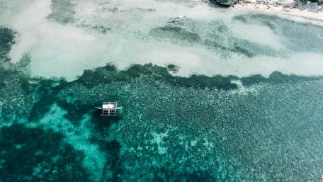 Serene Aerial View of a Turquoise Sea and Catamaran wallpaper