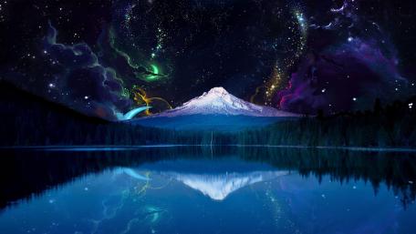 Fantasy night landscape with Mount Hood. wallpaper