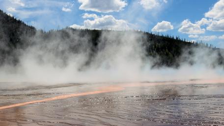 Ethereal Steam Rising from Yellowstone Geysers wallpaper