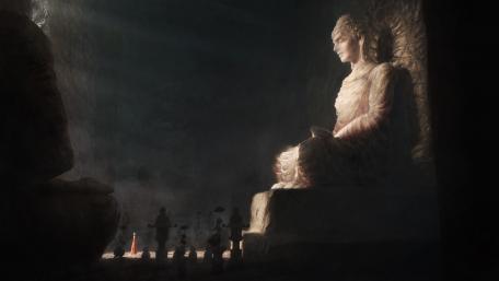 Ethereal Encounter with a Majestic Statue wallpaper