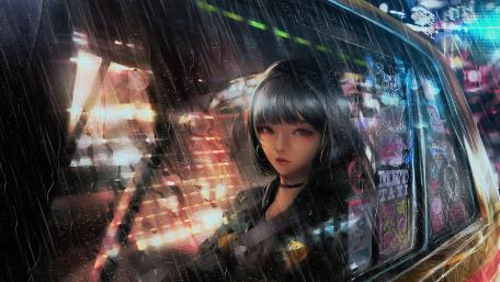 Anime girl in a taxi on a rainy night wallpaper