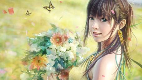 Oriental girl with a flower bouquet wallpaper