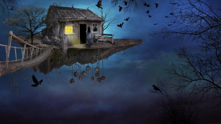 Floating Witch Hut in Surreal Nightscape wallpaper