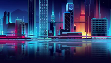 Vibrant Neon Cityscape Reflection wallpaper
