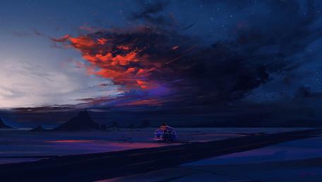 Fiery Clouds at Dusk Roadpath wallpaper