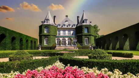 Charming Manor Surrounded by Lush Gardens and Rainbow wallpaper