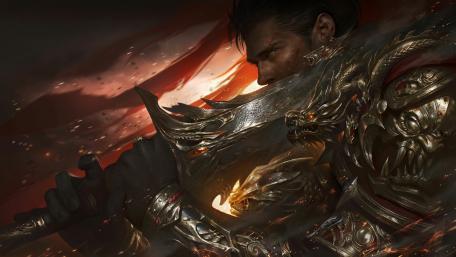 Epic Warrior in Fiery Battle Scene wallpaper