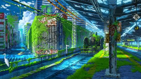 Flooded apocalyptic anime city wallpaper