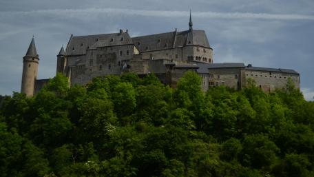 Majestic Castle Surrounded by Lush Greenery wallpaper