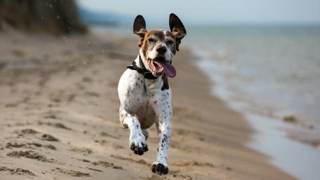 Joyful Dog Running on the Beach in the Sunlight wallpaper