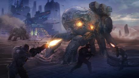 Epic Battle Against Futuristic Behemoth in a Sci-Fi Cityscape wallpaper