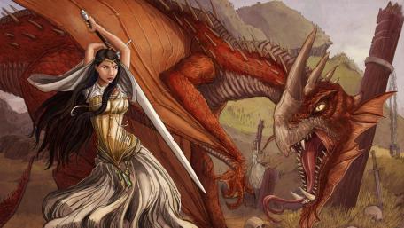 Warrior Maiden vs Fearsome Dragon Artwork wallpaper