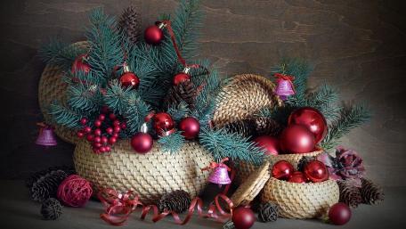 Festive Christmas Arrangement with Red Ornaments wallpaper