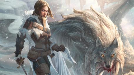 Warrior and Her Wolf Companion in Snowy Battle wallpaper