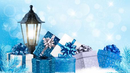 Blue Christmas Gifts in a Festive Scene wallpaper