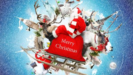 Festive Santa Taking Flight with Reindeer wallpaper