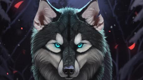 Mystical Blue-Eyed Wolf in Enchanted Forest wallpaper