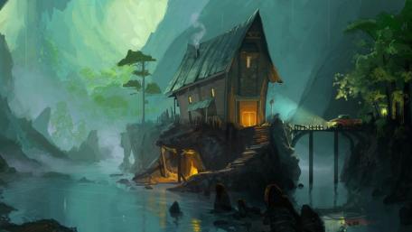 Mystical Riverside Cottage Amidst Canyons wallpaper