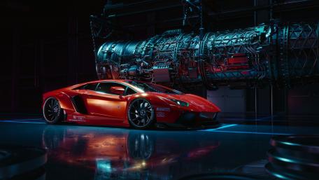 Dynamic Red Lamborghini Aventador in Futuristic Setting wallpaper