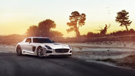 Sleek Mercedes-Benz SLS in a Sunset Paradise wallpaper